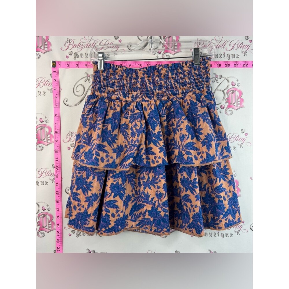 Universal Thread skirt flowy Blue Floral orange Tan Tiered Smocked Mini Skirt